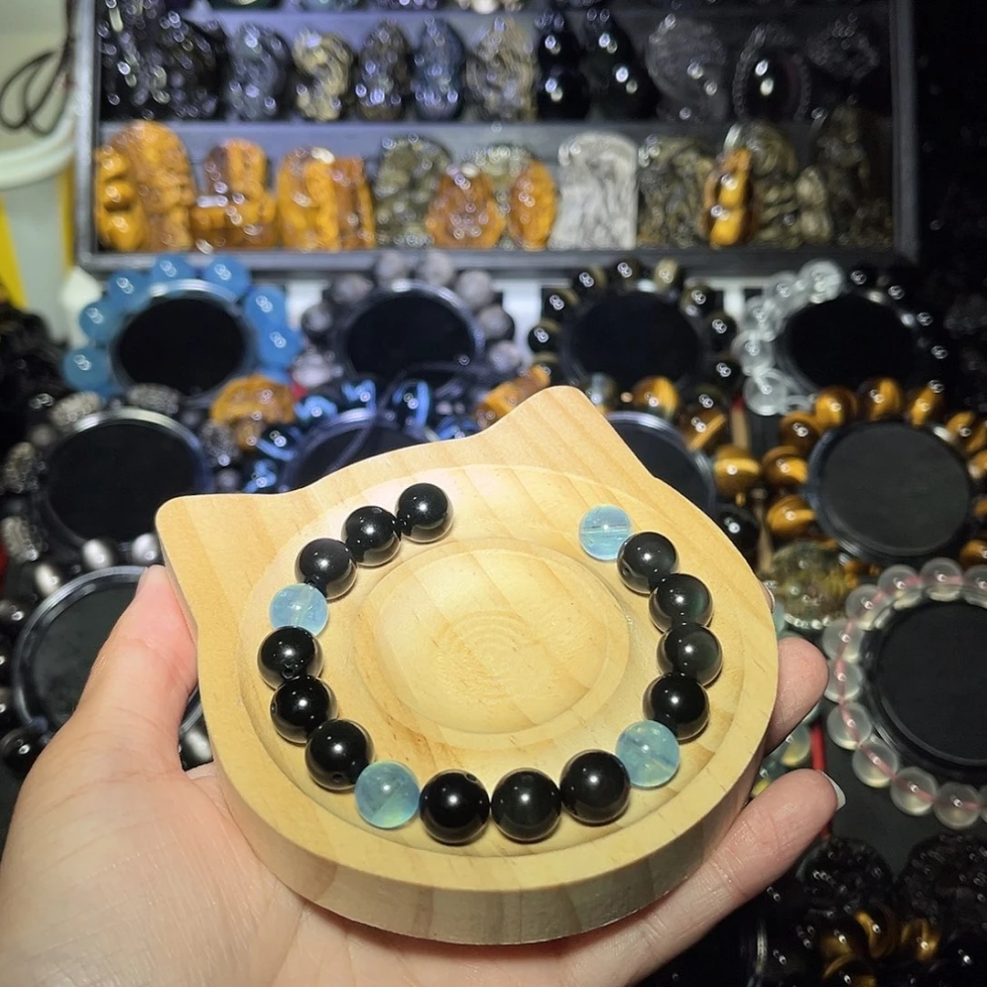 黑曜岩未镶嵌手链T***i彩曜石10m➕四颗海蓝宝