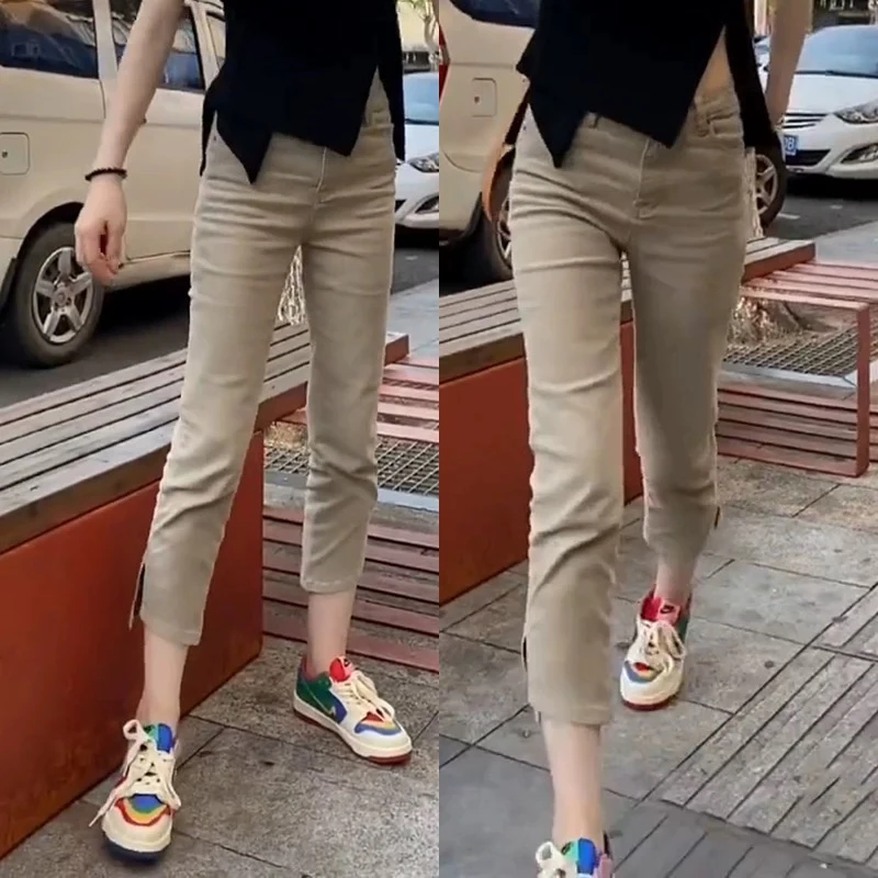 80227#2025秋季弹力开叉牛仔裤女高腰直筒显瘦八分烟管裤