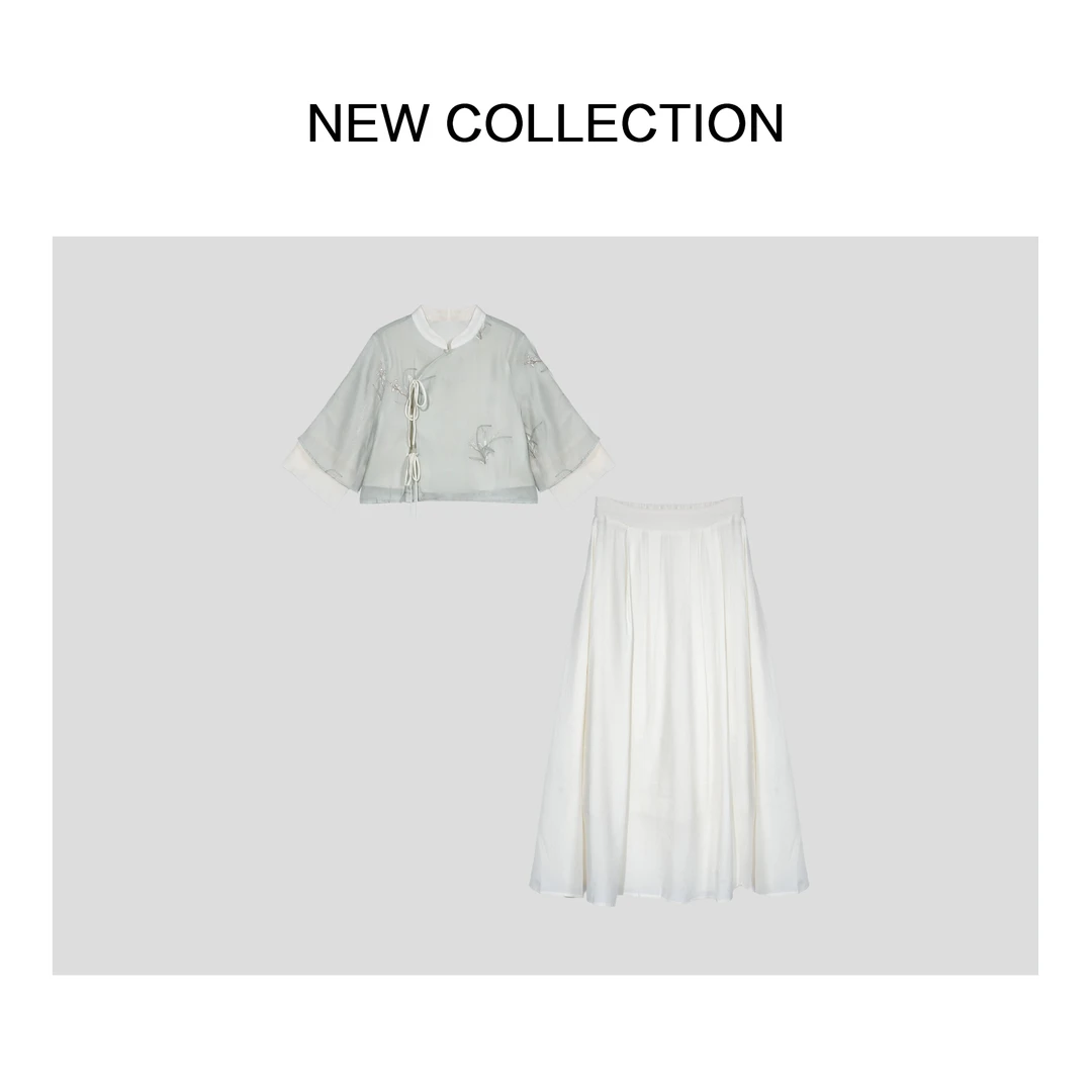 【婷婷专属】D1F28110盘扣刺绣短上衣+白色垂感长裙套装