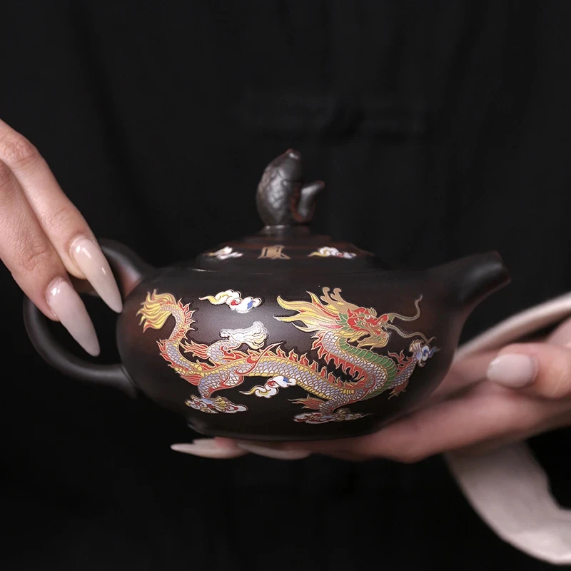 紫陶变色龙凤年年有鱼凤鸣壶大容量家用中式纯手工泡茶壶大号