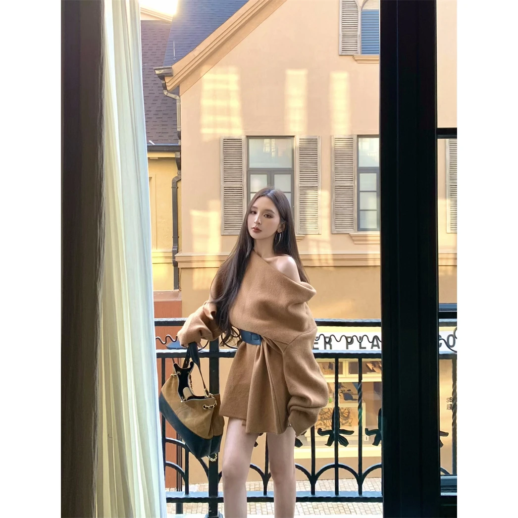 韩版气质围巾领慵懒针织毛衣开衫外套配腰带#66500