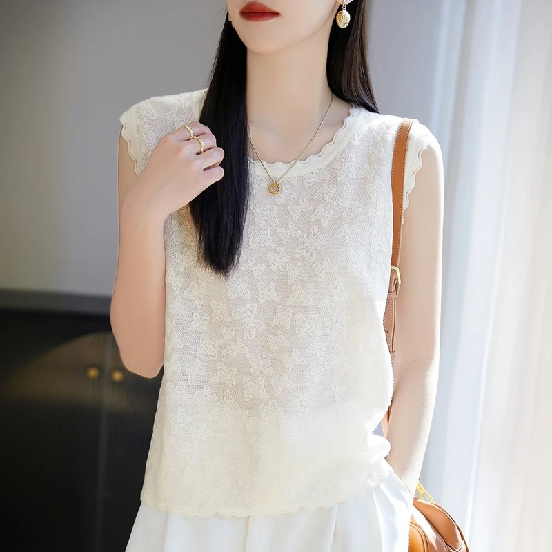 时尚女装品牌夏季法式针织无袖背心木耳花边领时尚气质提花上衣