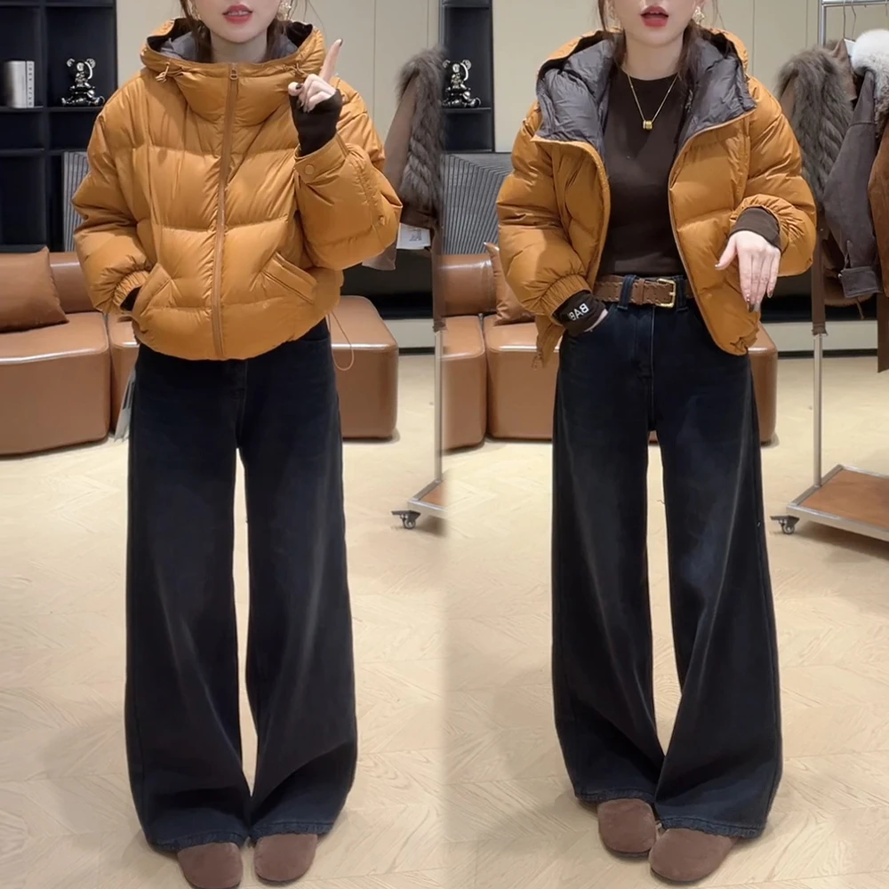 霖优【檐角风铃】冬季女士网红穿搭一整套连帽短款棉服牛仔裤两件套