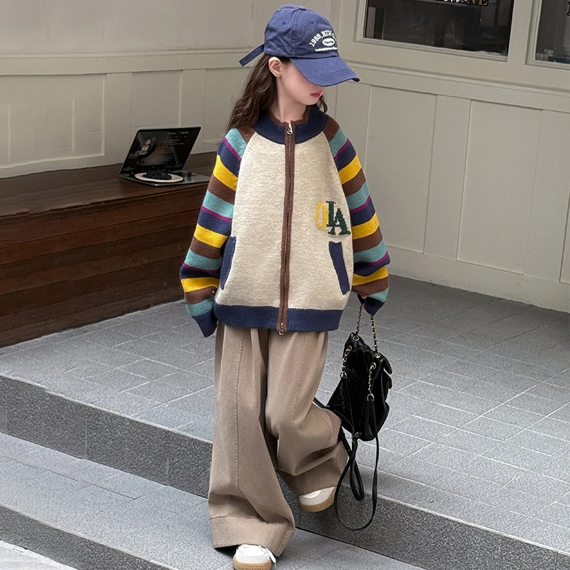 女童毛衣开衫春季2025新款中大童时尚洋气休闲条纹儿童潮酷针织衫