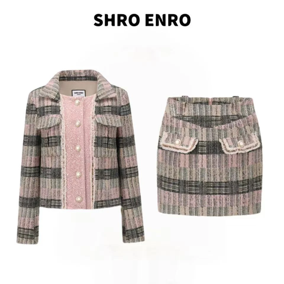 SHRO ENRO 2024秋季新款 丝绒亮片拼接粗花呢外套+半裙