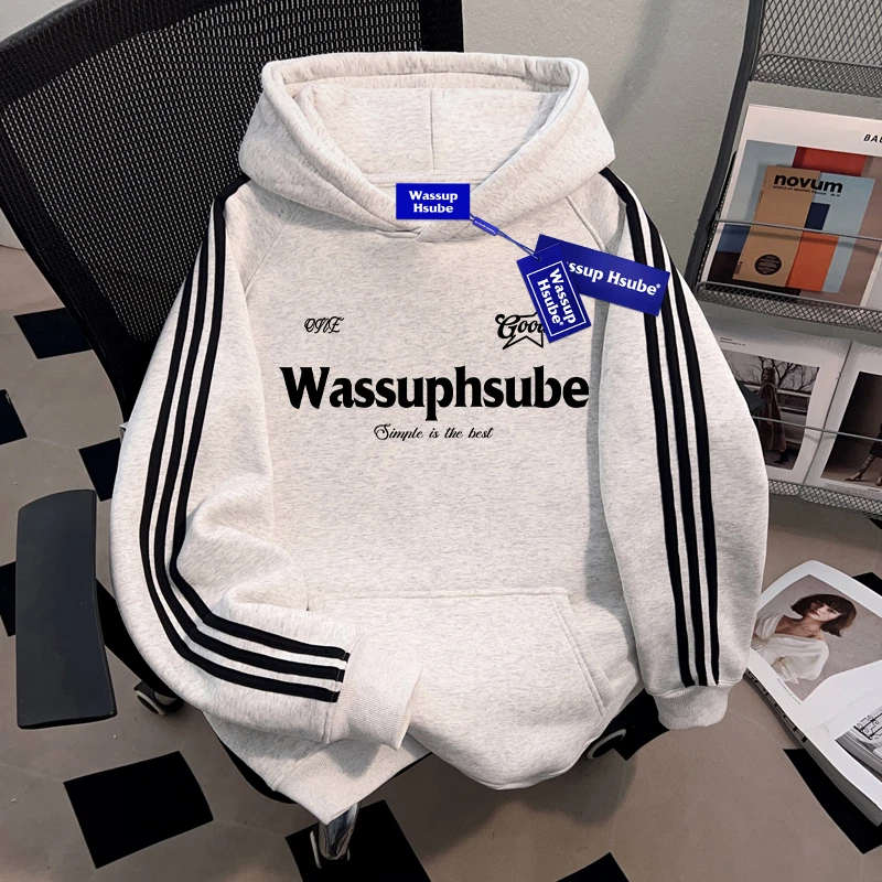 WASSUP HSUBE国潮牌字母印花套头连帽卫衣重磅美式三条杠男女上衣