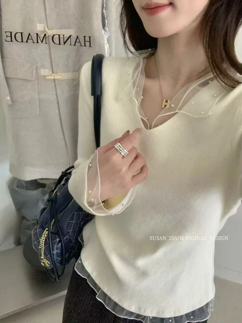 蕾丝钉珠花边打底针织毛衣修身半高领纯色冬季套头长袖针织