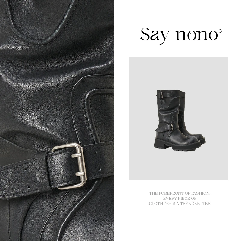 Say  nono  皮带扣中筒工装机能风擦色复古机车靴5cm