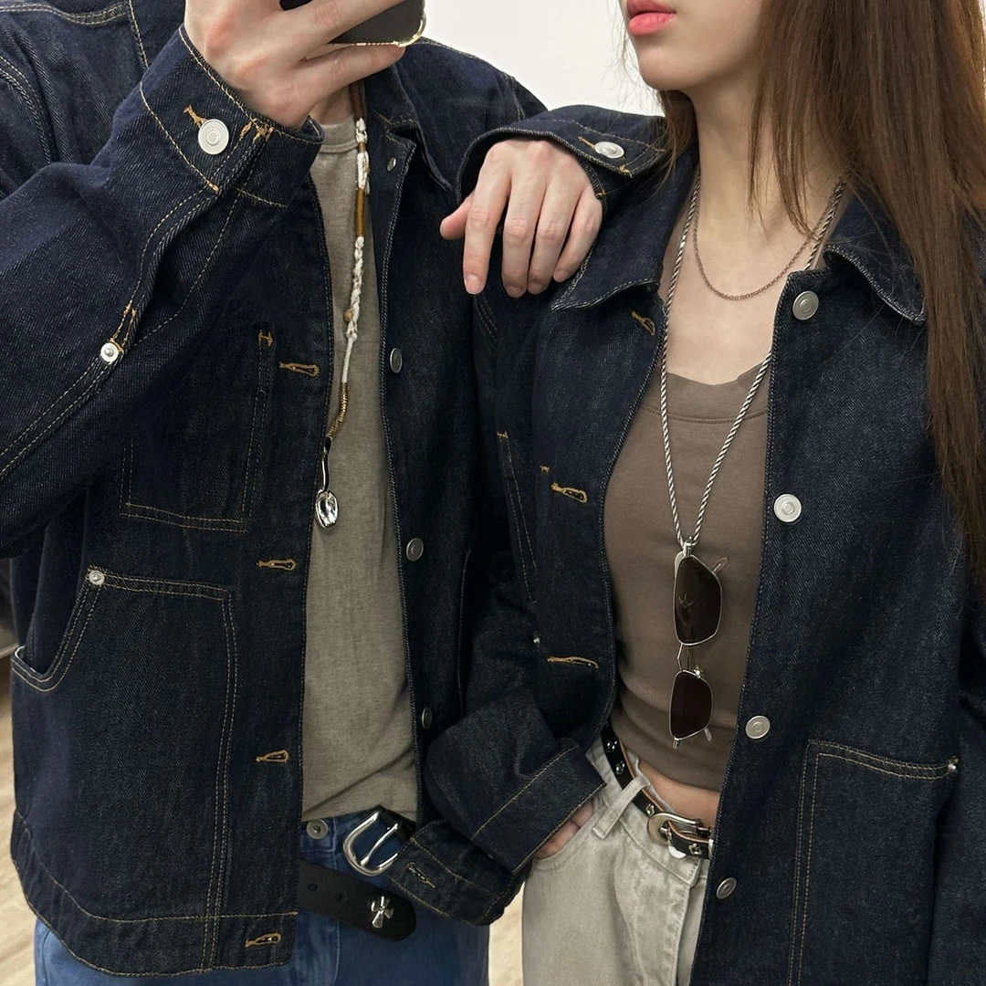 时髦尖子生‘藏青休闲原色牛仔外套 男女同款复古长袖春秋百搭
