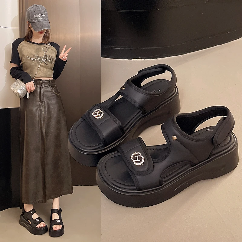 厚底仙女风配裙子运动凉鞋凉鞋女坡跟魔术贴罗马凉鞋女软底厚底女