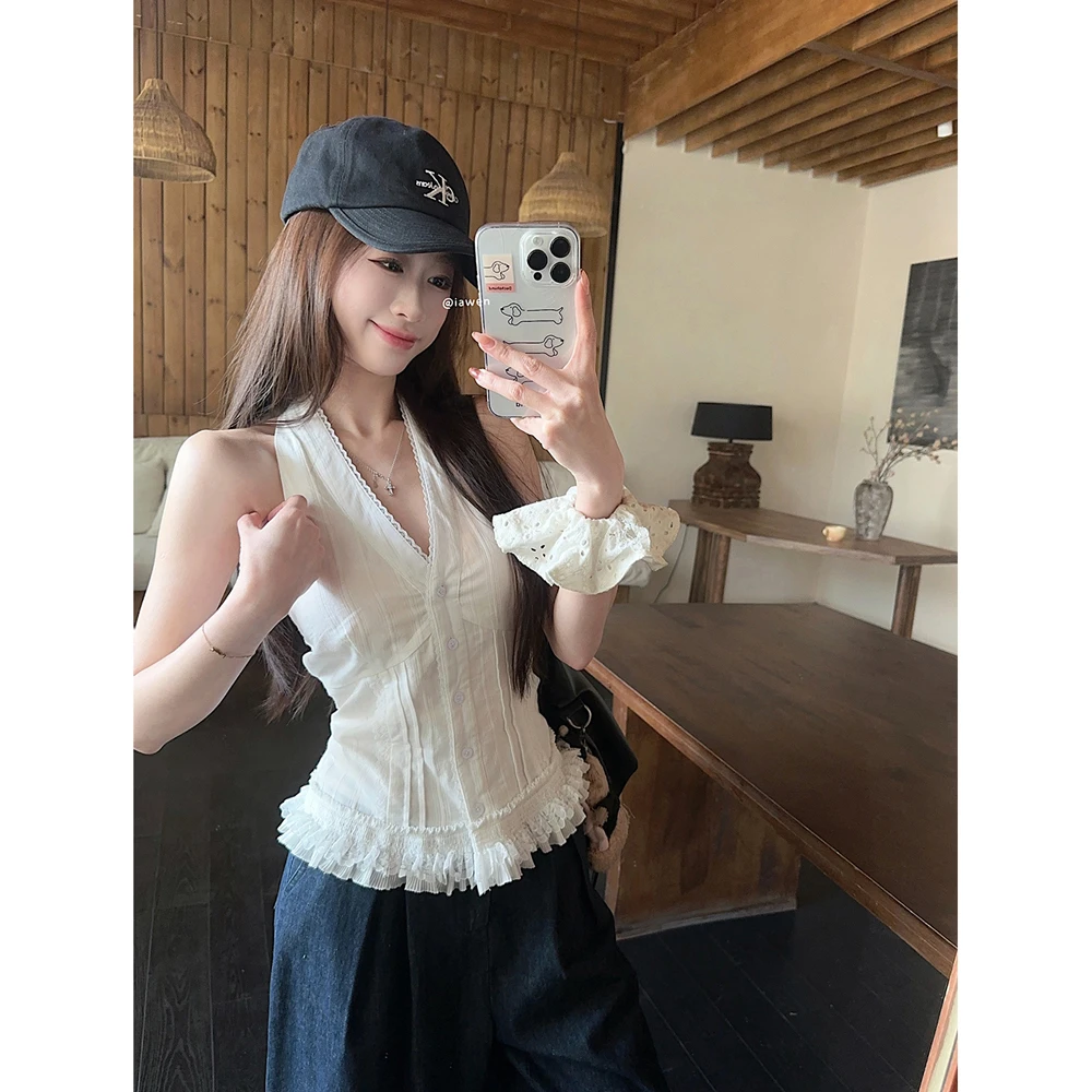 欧若拉 蕾丝拼接设计感白色挂脖上衣21006