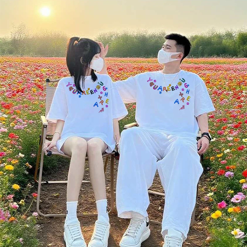 卡通涂鸦印花情侣装短袖t恤男女新款夏季不一样高街潮牌圆领纯棉