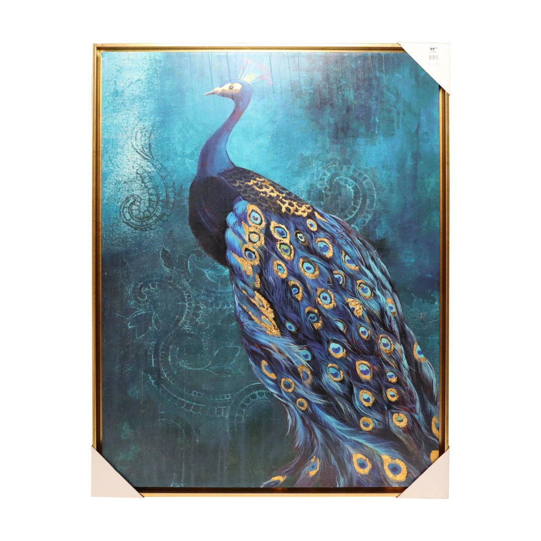 A7孔雀入户玄关画装饰画走廊过道客厅实木绷框羽毛烫金64.5*85