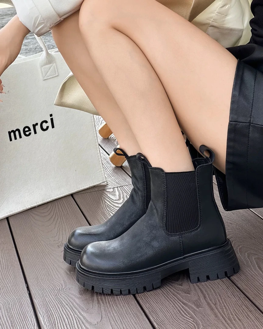 大趾王厚底切尔西靴女冬季新款加绒瘦瘦弹力烟筒短靴子91279
