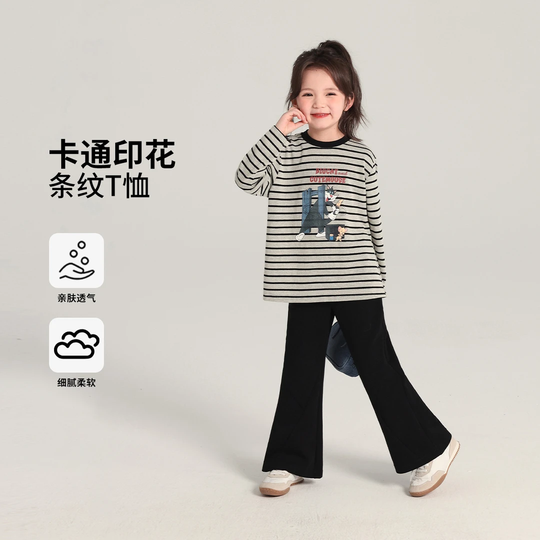 布丁哈鲁【简兮】2025春款女童印花条纹T恤G51TT948