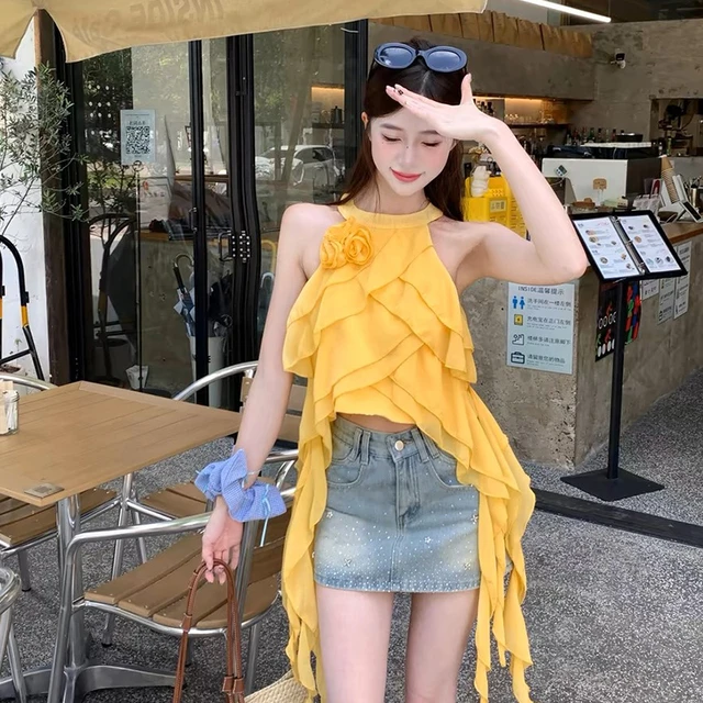 2025夏日上新多巴胺穿搭黄色不规则荷叶边挂脖吊带甜美减龄上衣女