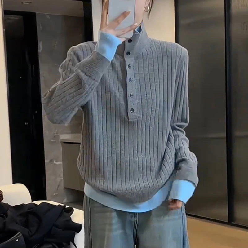 韩版高级感小众撞色立领针织衫秋冬新款时尚小个子半开扣立领毛衣