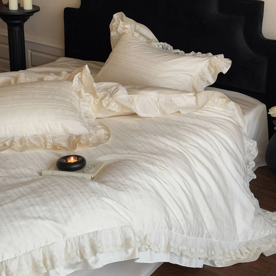 巢尔【玛德琳少女】高端法式风全棉长绒棉四件套蕾丝花卉提花床品