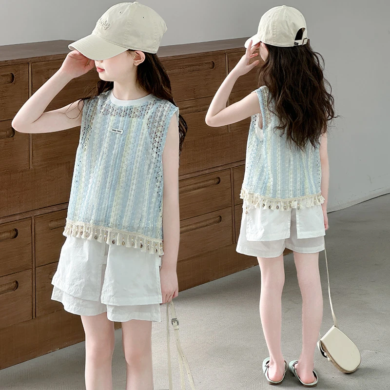 女童套装夏季洋气薄款儿童夏装无袖中大童宽松女孩韩版时髦三件套