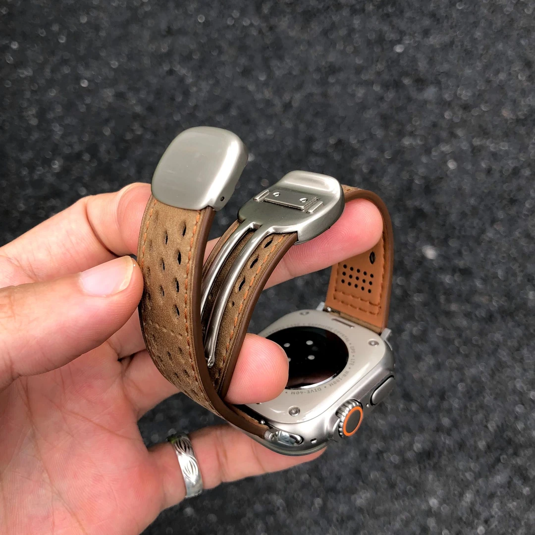 卡客风暴 圆滑磁吸扣适用苹果iwatch手表表带s10透气987疯马皮s11