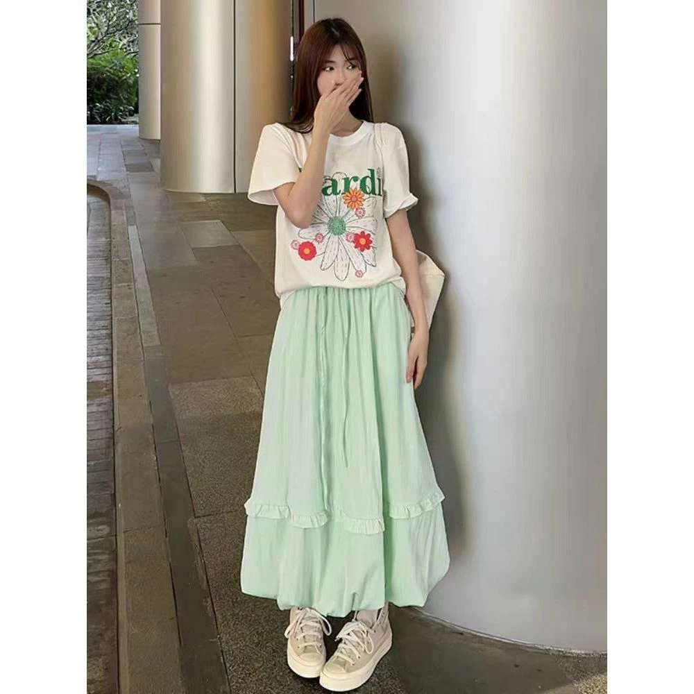 甜美云朵花苞半身裙女夏季宽松防晒a字蓬蓬灯笼裙高腰遮肉中长裙