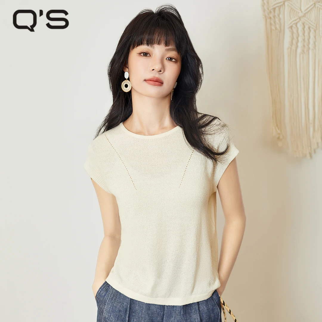 秸熙夏季款气质温柔套头针织衫微透镂空圆领短上衣4BB913