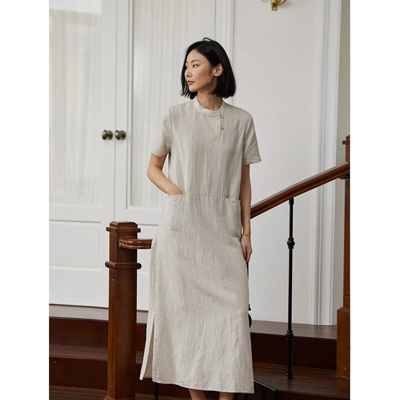 Q.TU新中式旗袍夏装棉麻立领短袖4120高腰休闲气质新款连衣裙