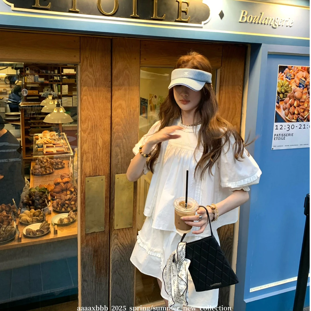 aaaaxbbb 千本樱特调 两色泡泡袖花边套装木耳边中袖上衣半身裙女