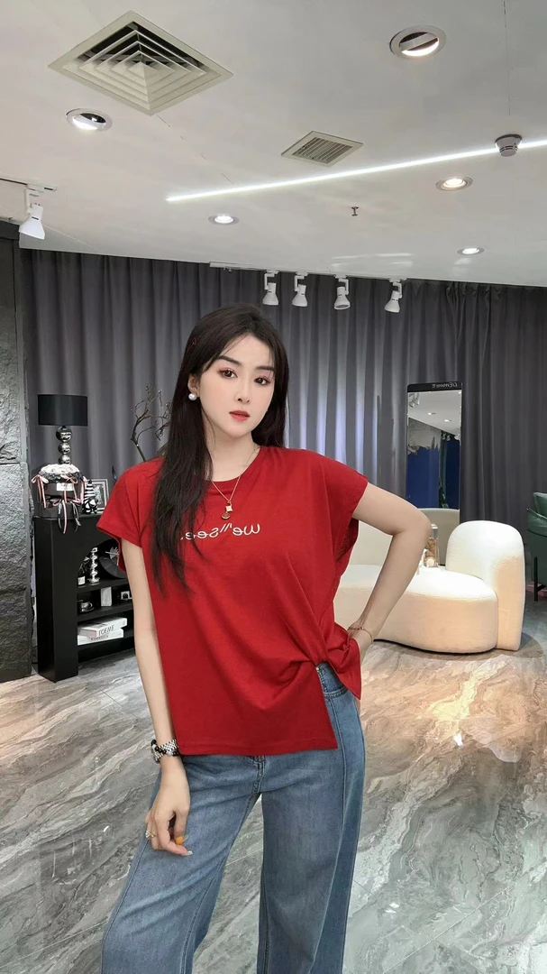 2666夏季新款时尚圆领字母T恤休闲不规则纯色百搭上衣女