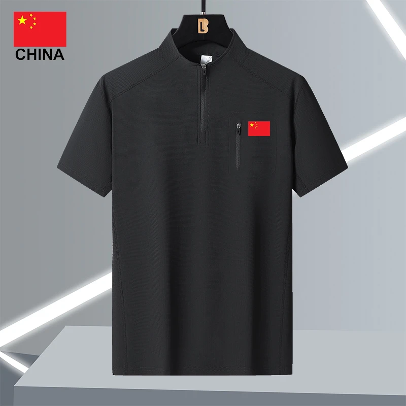 国家队夏季冰丝运动T恤男士纯色轻薄裸感翻领短袖休闲透气速干衣