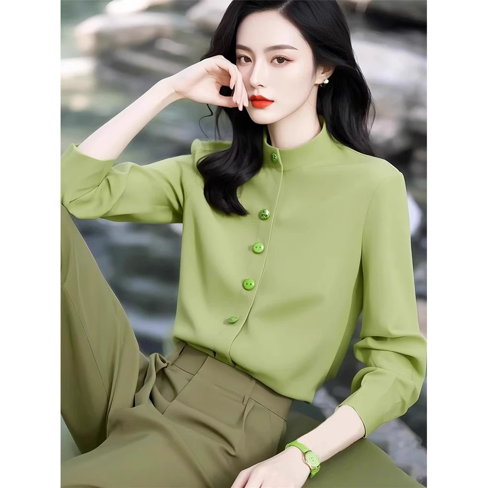 春季独特别致法式轻奢立领绿色衬衫女设计感小众宽松长袖绝美上衣