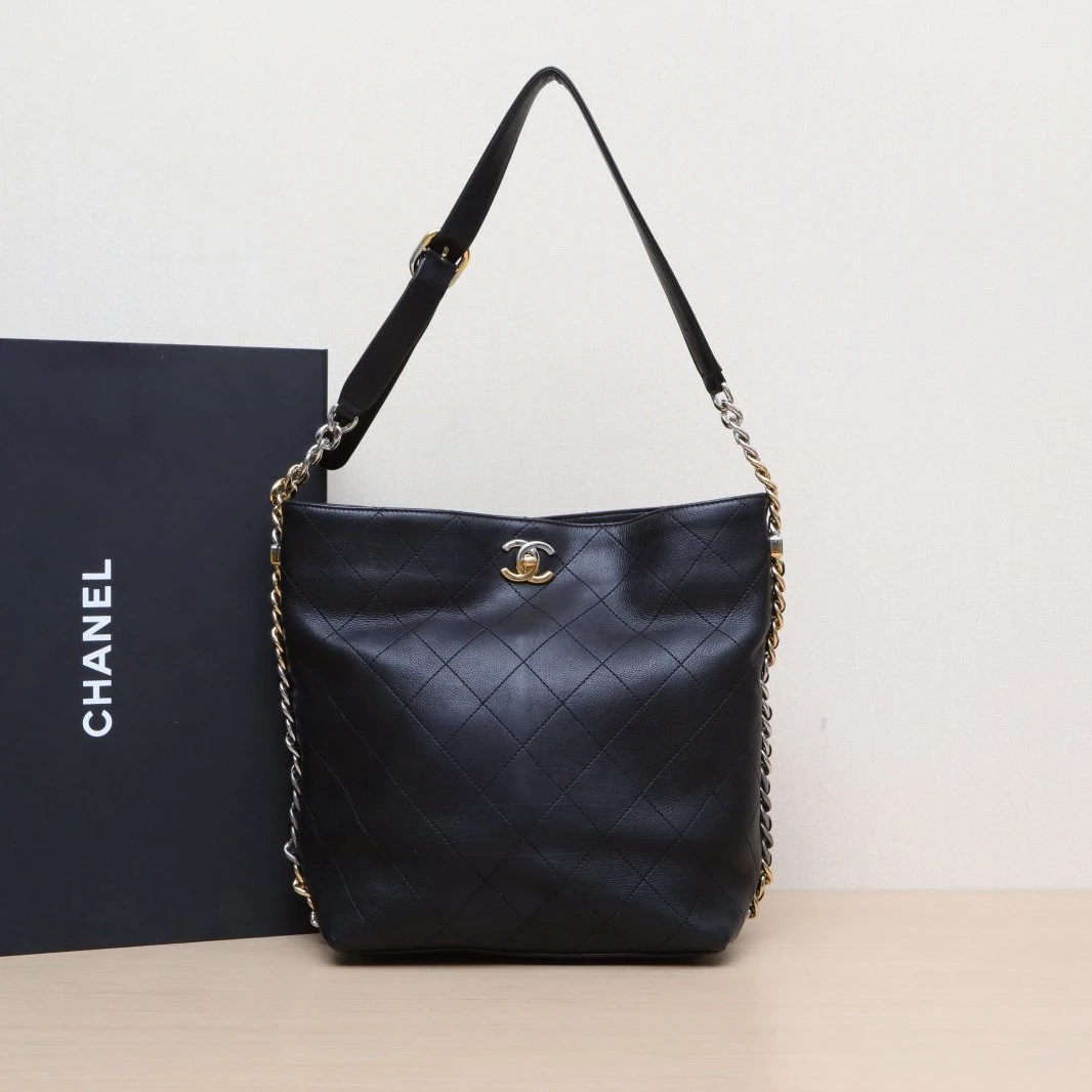 95新 Chanel/香奈儿 小花双双 金银双拼色链条嬉皮包 黑色 27开