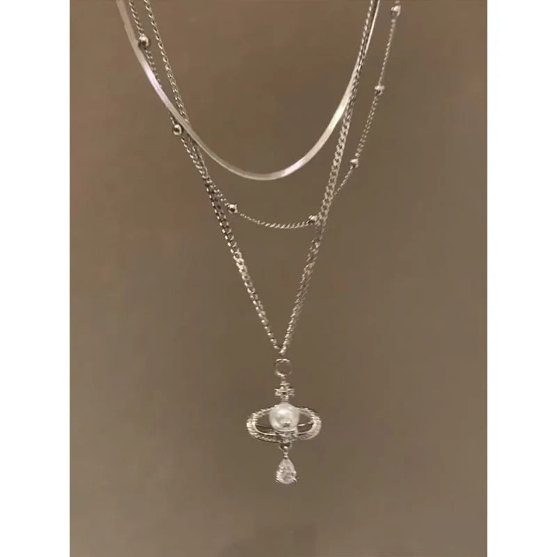 铜合金锆石项链 甜酷星球项链女小众设计感简约冷淡风锁骨链2025