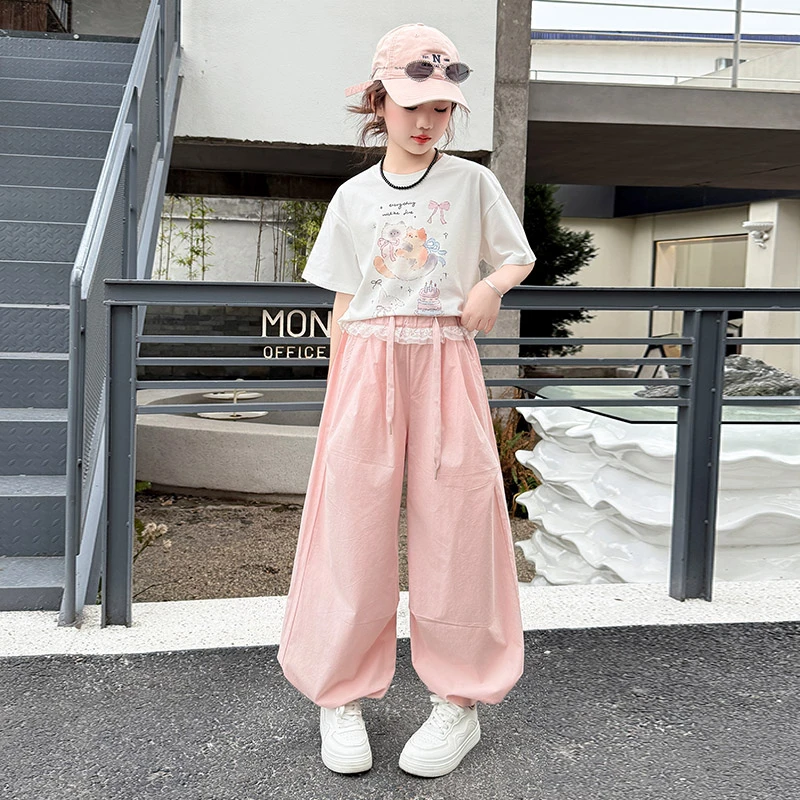 女童夏季卡通T恤短袖2025新款6-12-15岁中大儿童洋气阔腿裤两件套