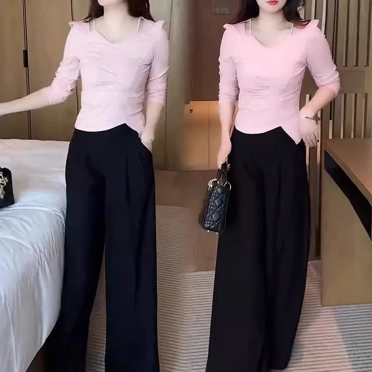 时尚套装女2025春秋新款洋气减龄显瘦不规则上衣高腰阔腿裤两件套