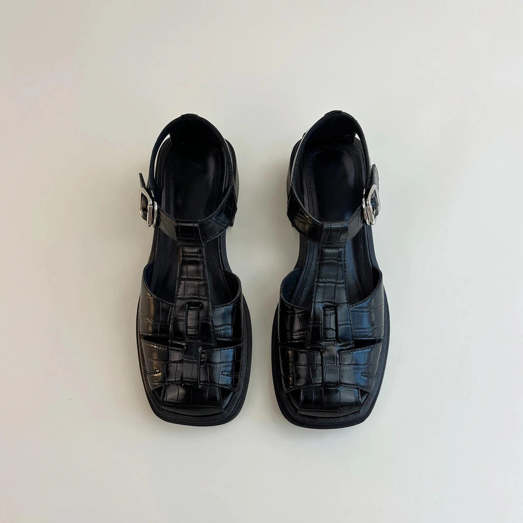 羊皮版~镂空编织丁字带粗跟罗马鞋女法式复古真皮凉鞋包头猪笼鞋