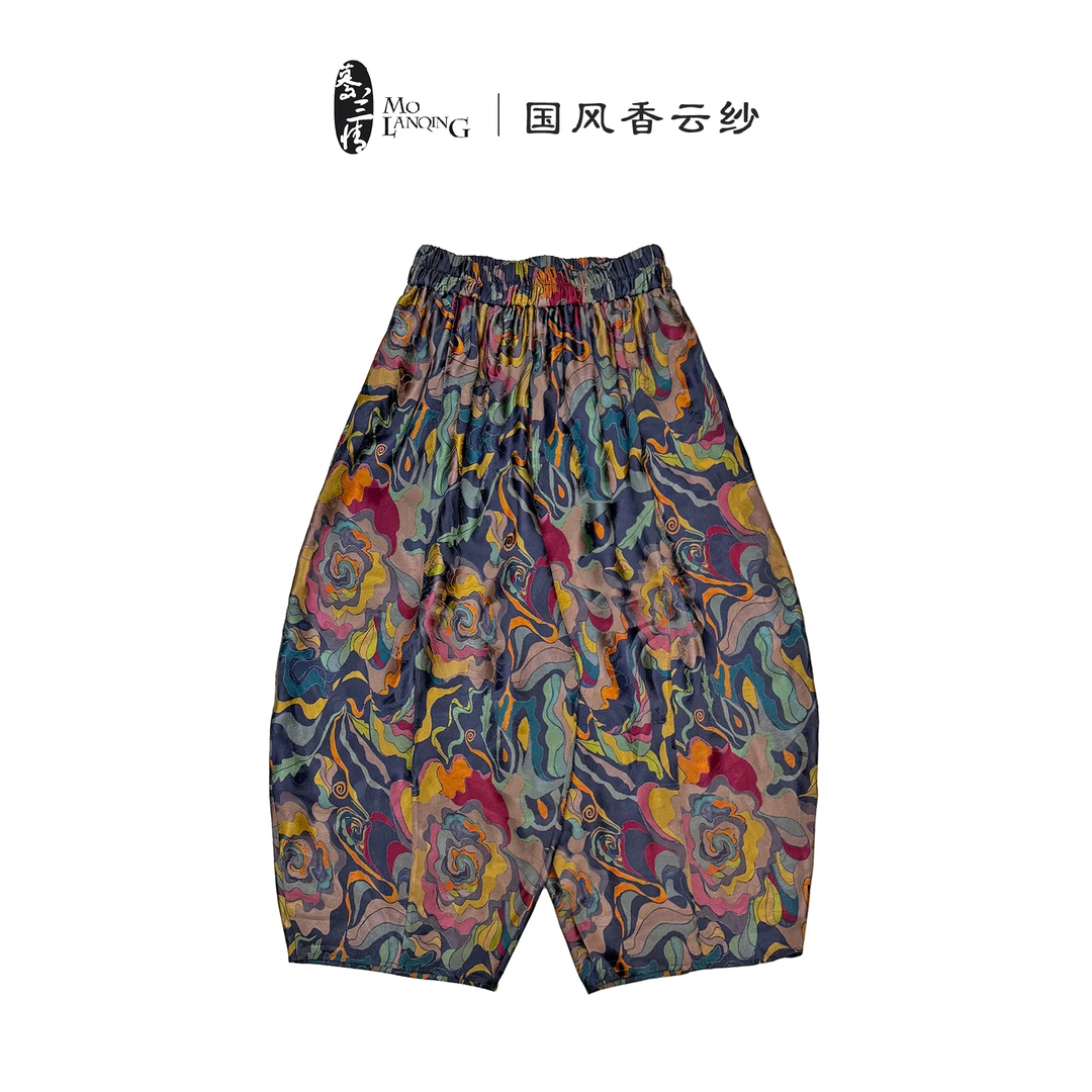 【彩画】香云纱提花松紧腰休闲百搭宽松透气长裤女裤禅裤2515