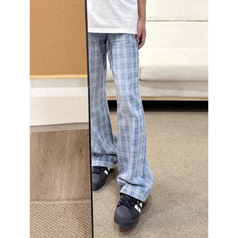 蓝色美式复古微喇牛仔裤男秋季痞帅慵懒风格子裤子cleanfit直筒裤