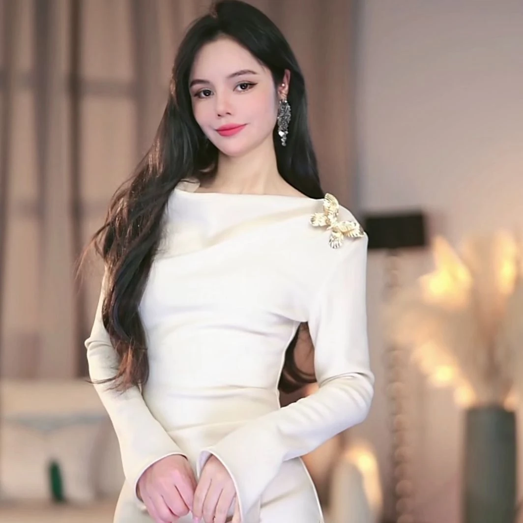 【朵朵】心之涟漪 带胸针法优雅气质小众设计感收腰连衣裙-ZX655