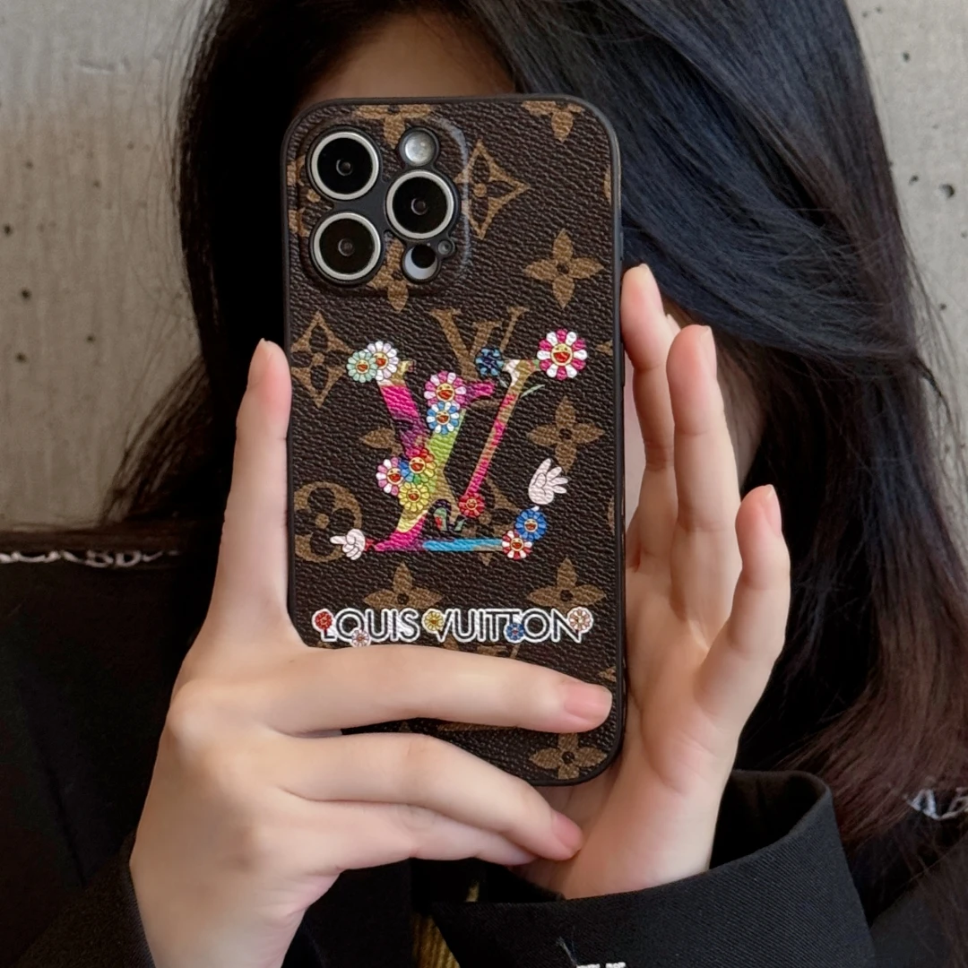 潮牌老花朵适用苹果16promax手机壳iPhone15新款14皮质13高档保护