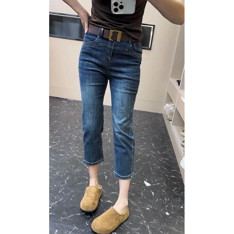 萱贝纯气质百搭修身直筒牛仔裤女2025早秋新款八分弹力显瘦烟管裤