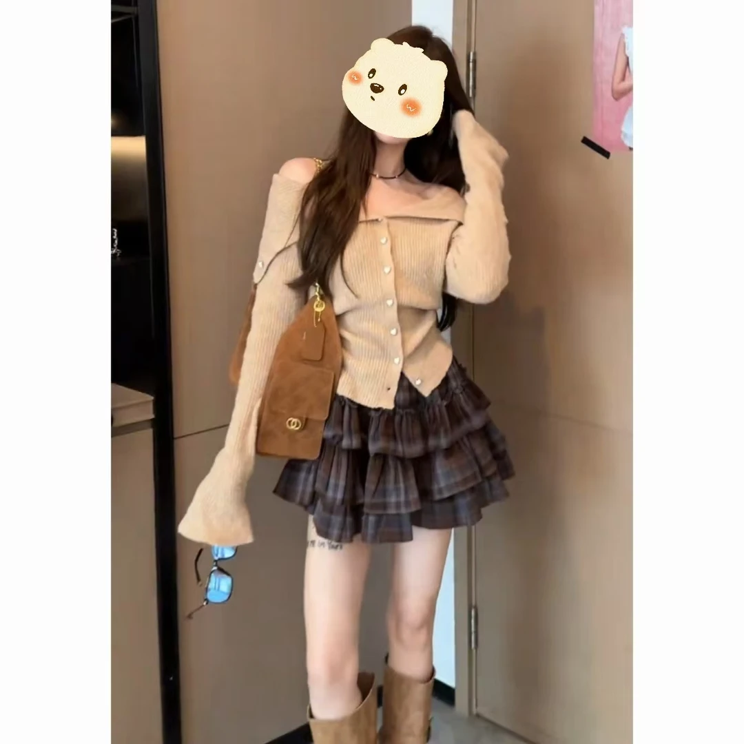 2025早秋新款韩系套装慵懒风高级感穿搭一字肩针织衫半身裙两件套