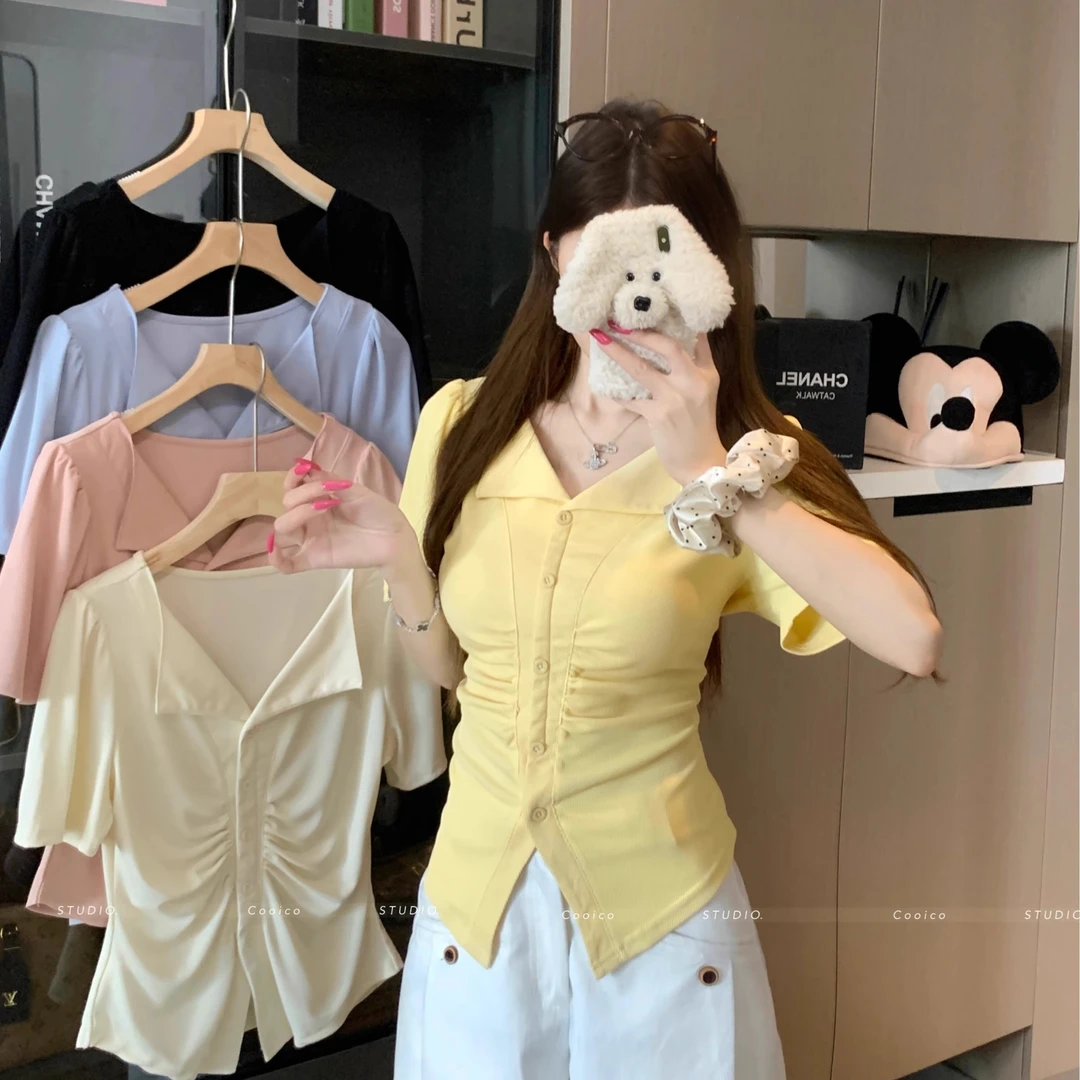 【8493桃】小众设计感V领褶皱短袖T恤女夏季甜美收腰遮肚子正肩上衣