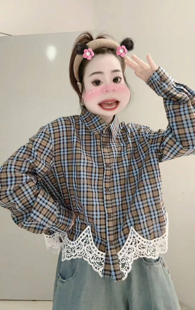 【海街格纹】丽丽推荐 下摆蕾丝拼接格子衬衫设计感上衣