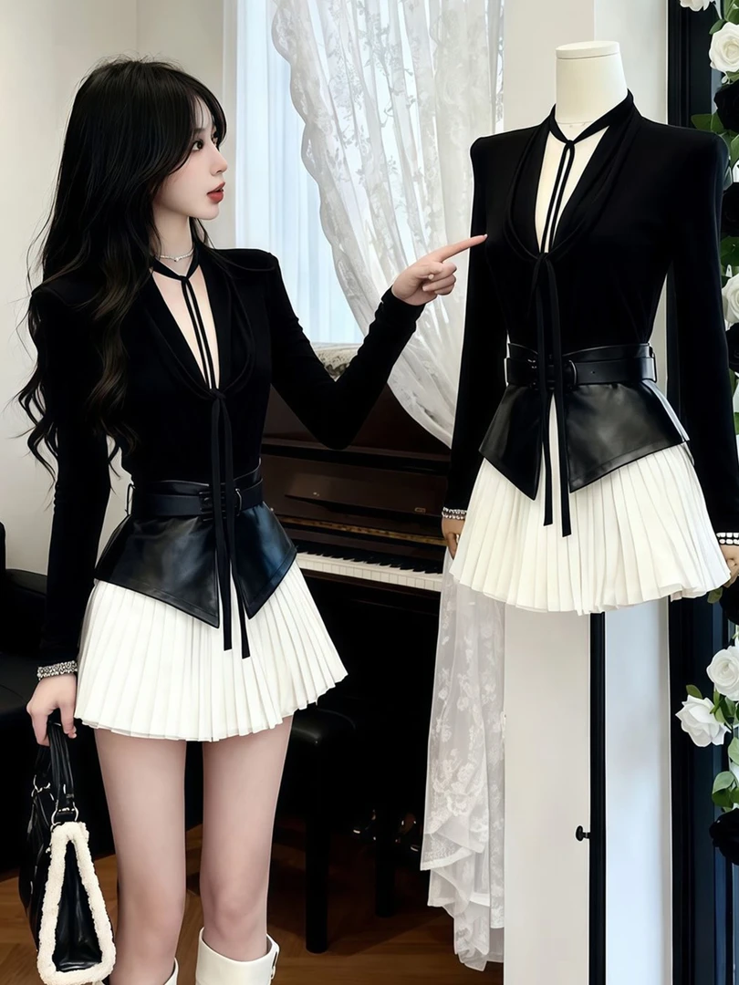 黑色V领修身系带连衣裙配腰封+腰带新款女装2025秋冬新款御姐套装