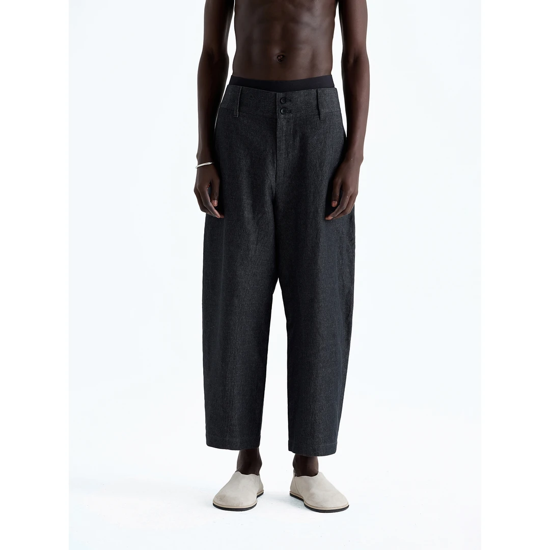 NANS STUDIO汉麻天然棉混纺牛仔染色弧形分割半松紧腰弯刀九分裤