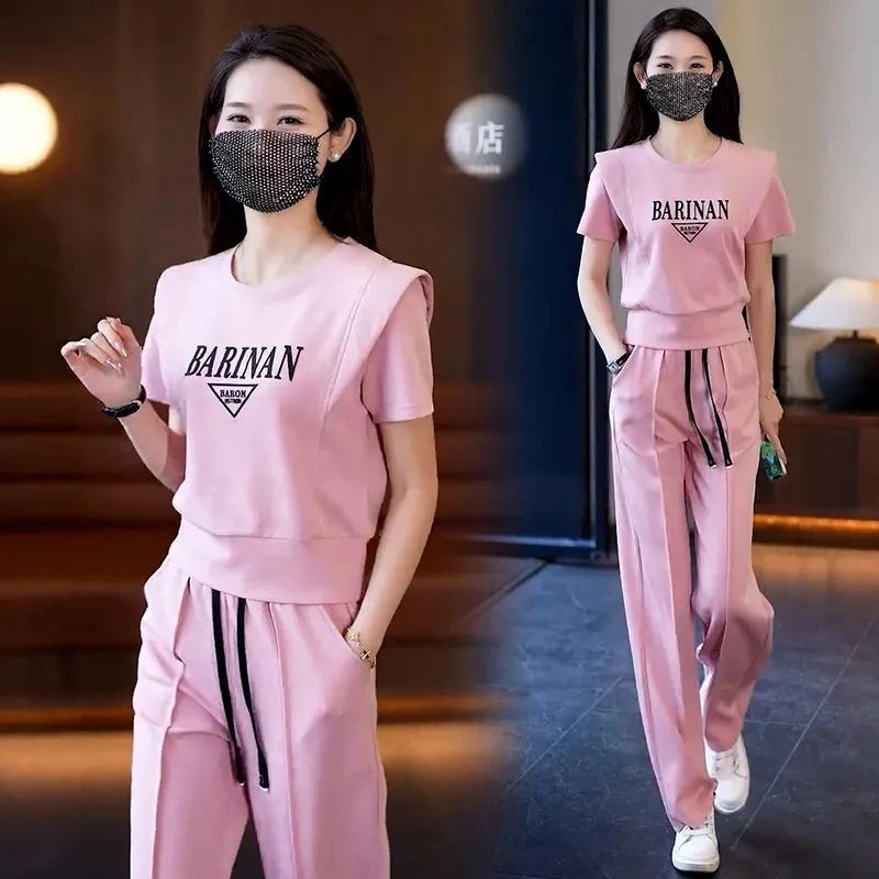 宽松休闲圆领短袖直筒裤两件套女2025夏季新款百搭减龄运动服套装