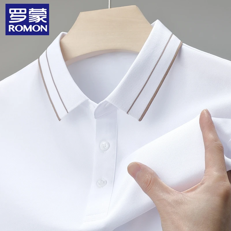罗蒙含桑蚕丝短袖Polo衫男士夏季薄款白色翻领上衣休闲半袖t恤男