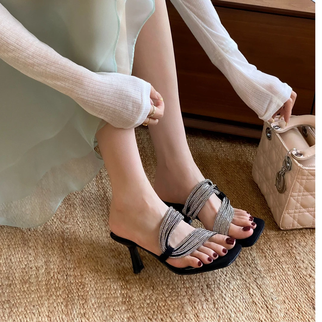 2025新款水钻夏季拖鞋网红常规外穿方头女鞋一字拖高跟百搭凉鞋