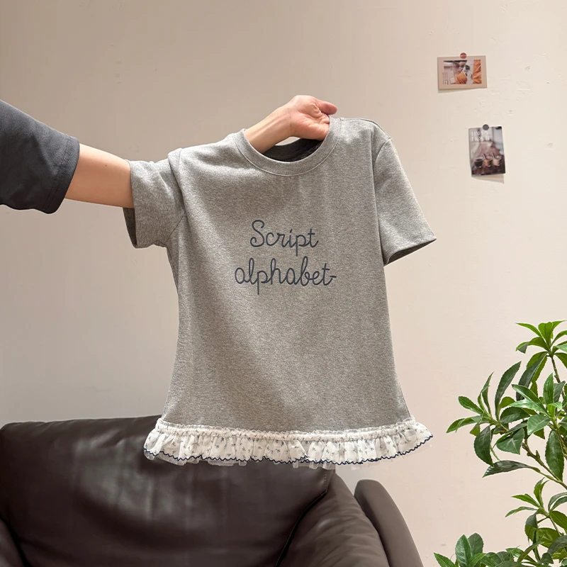 设计感下摆蕾丝花边印花正肩短袖t恤女纯欲风新款百搭韩系小上衣